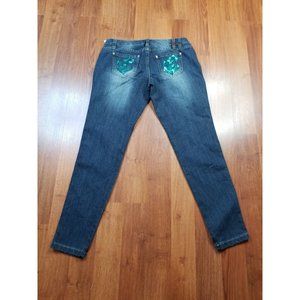 Rocawear Womens juniors Skinny Jeans Sz 13x31 green Embroidered Rhinestone NWT